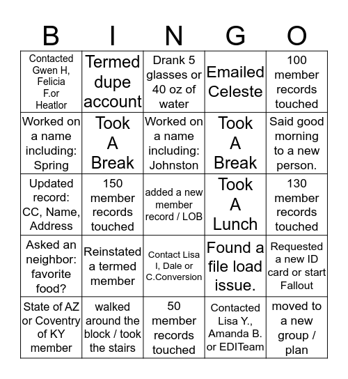 Eligibility Bingo Card