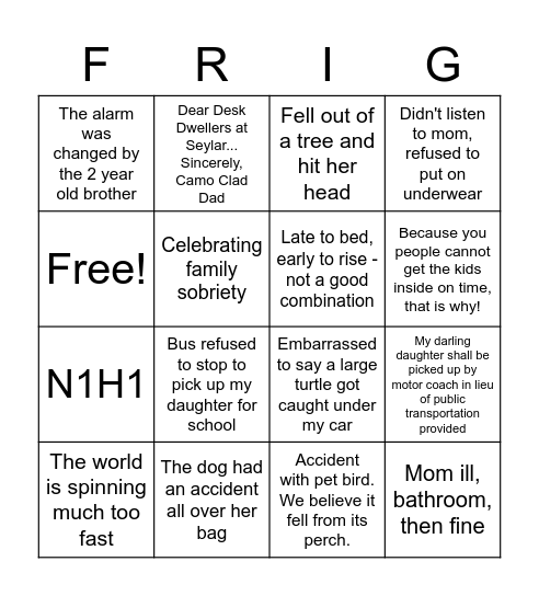 What the Frig?! Bingo Card