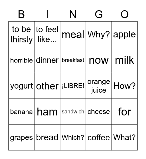 Avancemos 1 Unit 3 Mi comida favorita Bingo Card