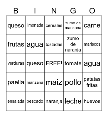 Spanish Food Bingo Card