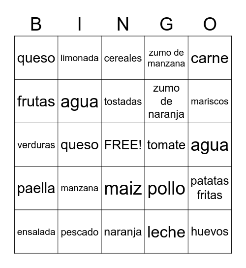 Spanish Food Bingo Card