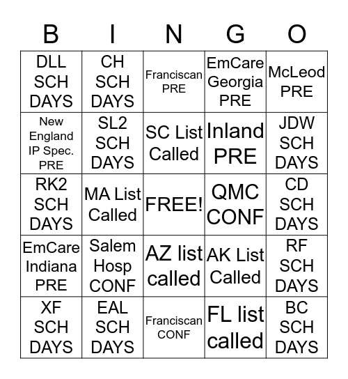 Hospitalist Bingo Card