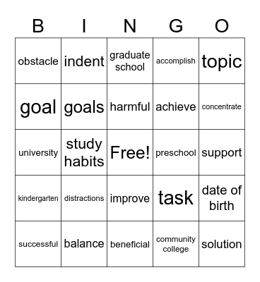 Vocabulary Bingo Card