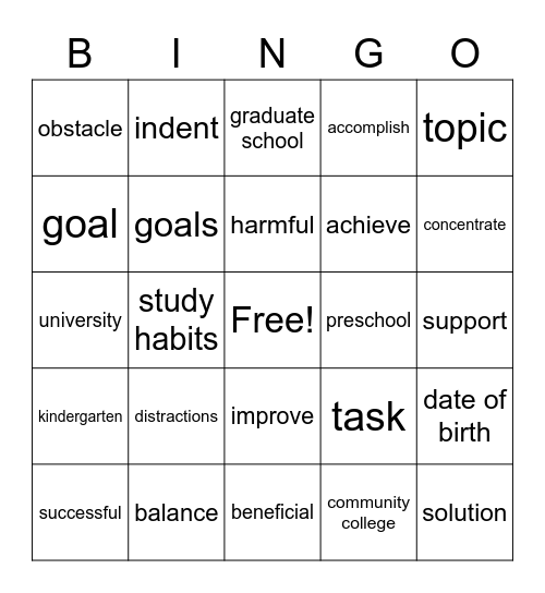 Vocabulary Bingo Card