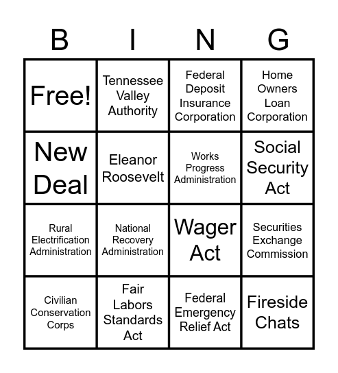 New Deal Bingo Card