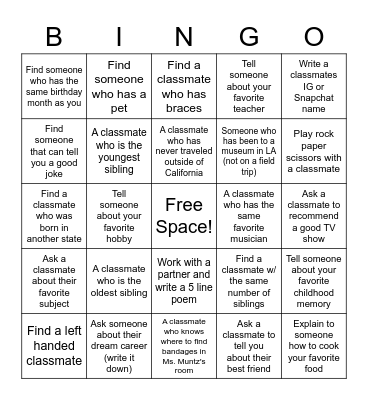 Classmate Bingo Card