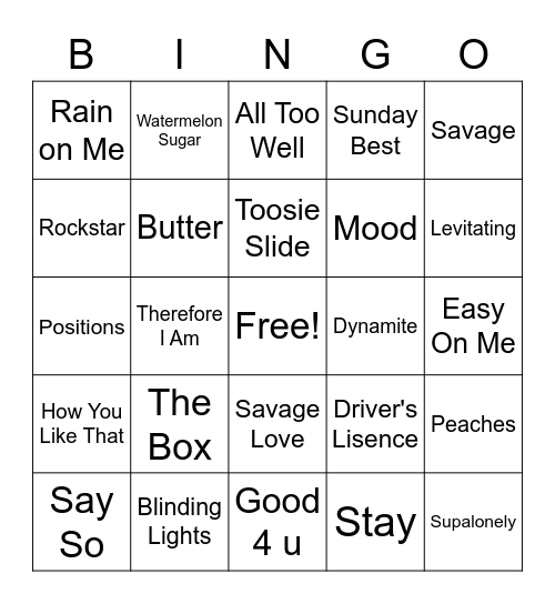 2020's Hits Bingo Card