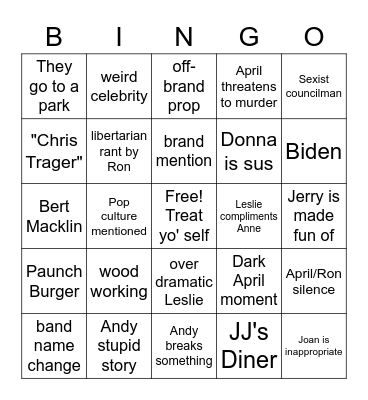 Parks & Rec BINGO Night Bingo Card