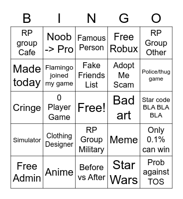 Roblox Ad Bingo Card
