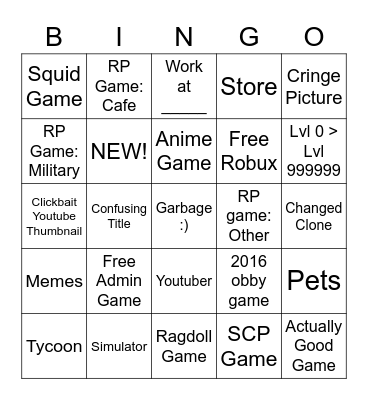 Roblox Reccomended BINGO Card
