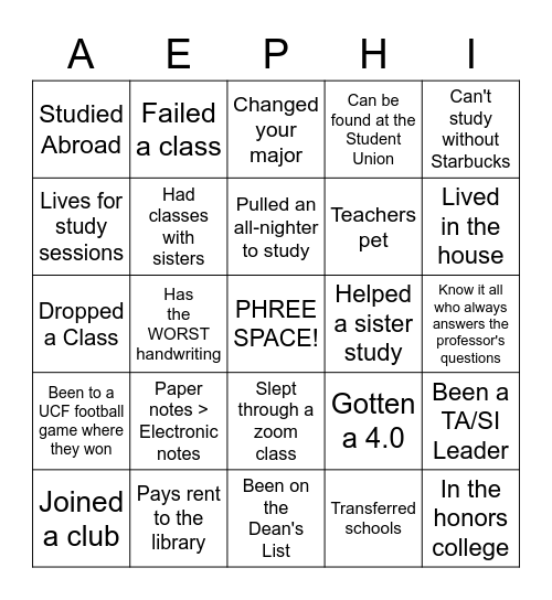 Study-a-thon Bingo Card