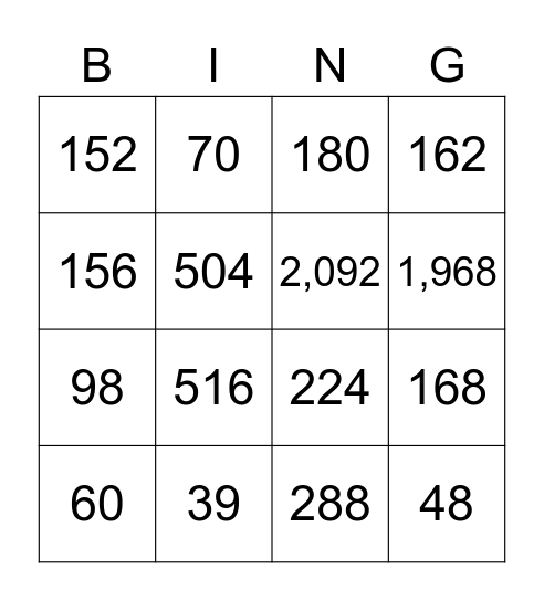 Multiplication Bing Bingo Card