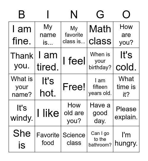 Phrases Bingo Card