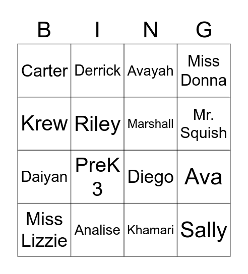 PreK 3 Name Recognition Bingo Card