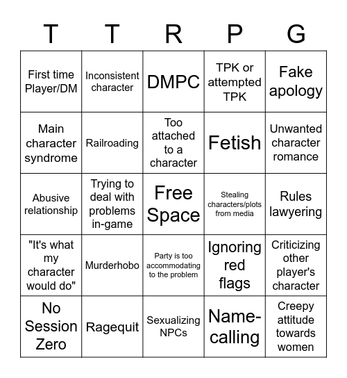 TTRPG Horror Story Bingo Card