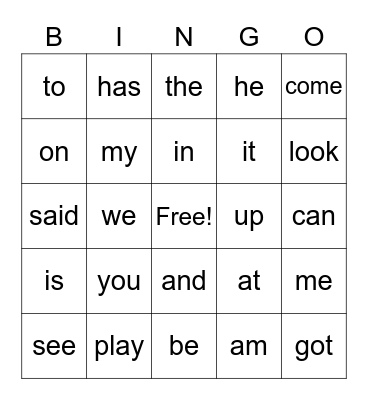 SIGHT WORDS Bingo Card