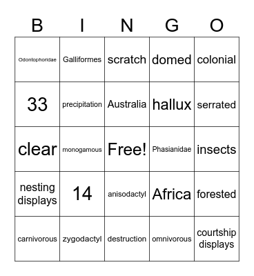 Odontophoridae Bingo Card