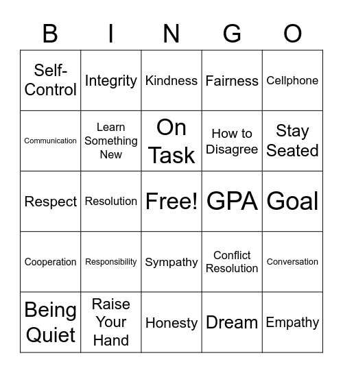 Social Skills/WOW/Expectations Bingo Card