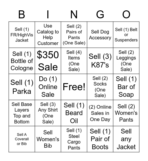 Carhartt Bingo OF Engagement Bingo Card