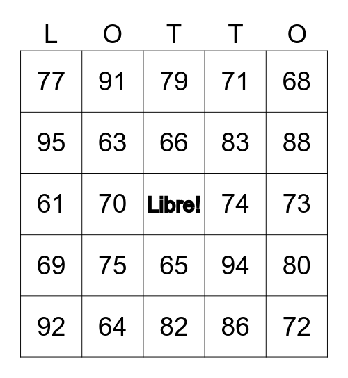 French Numbers 60-100 Bingo Card