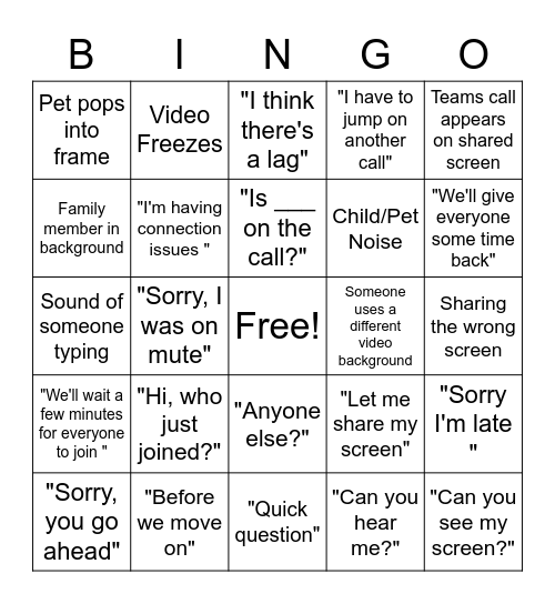 Microsoft Teams Bingo Card