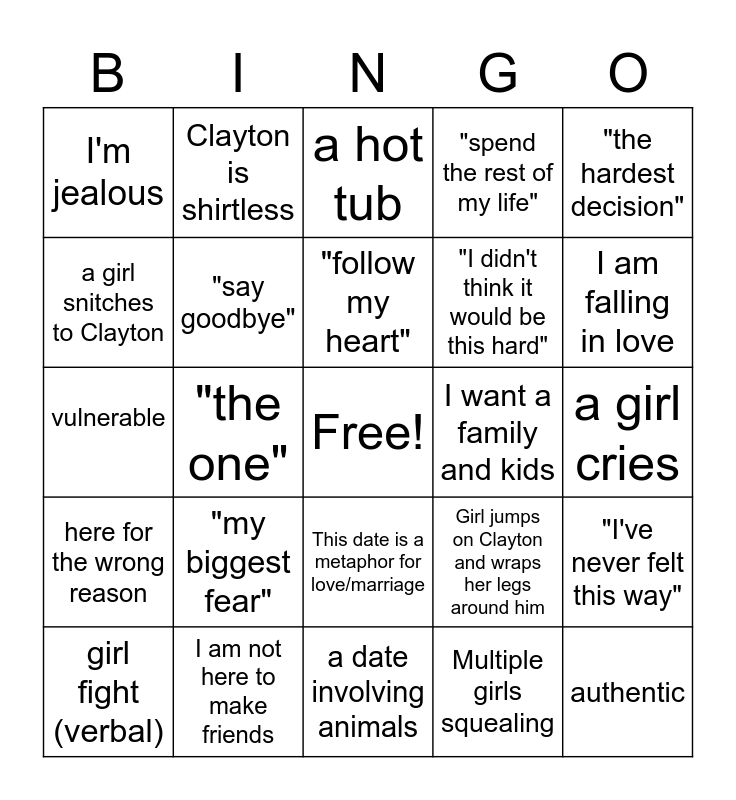 Bachelor Bingo Card