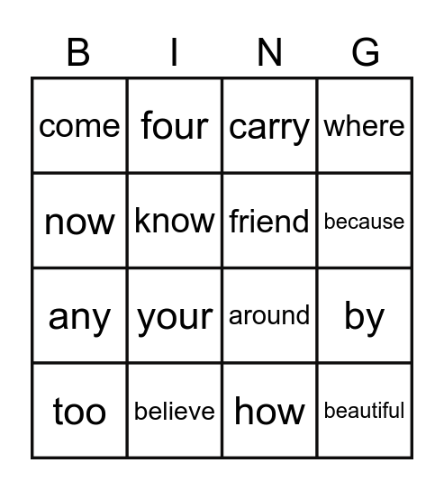 Sight Words Bingo Card