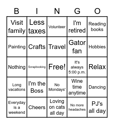 Retirement Bingo Card