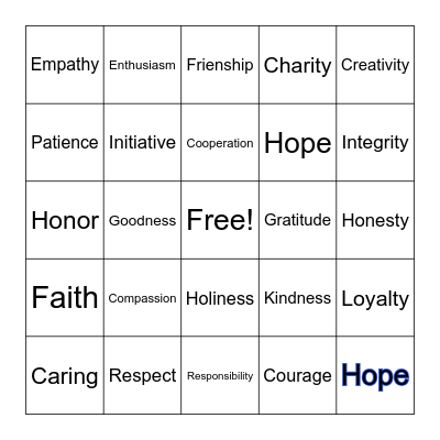 Virtues & Values Bingo Card