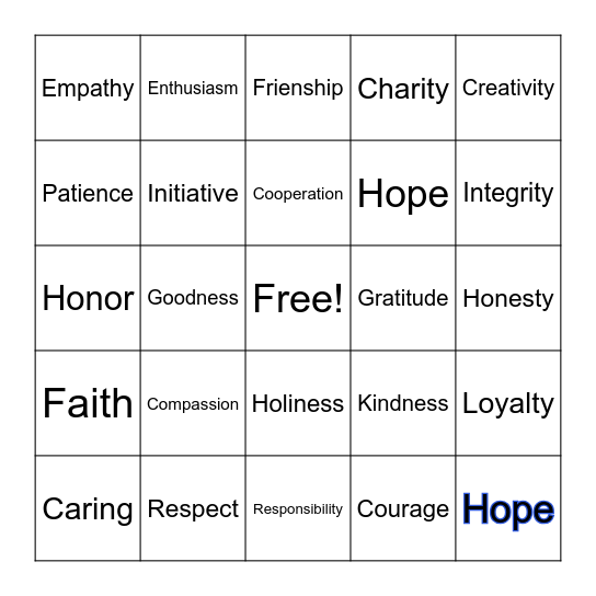 Virtues & Values Bingo Card