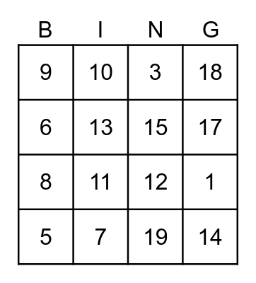 NUMBER BING Bingo Card