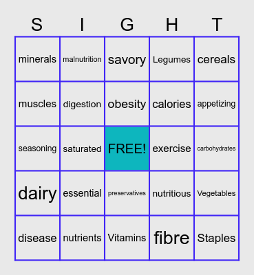 NUTRITION SIGHT WORDS Bingo Card