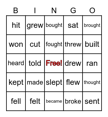 IRREGULAR PAST VERBS Bingo Card