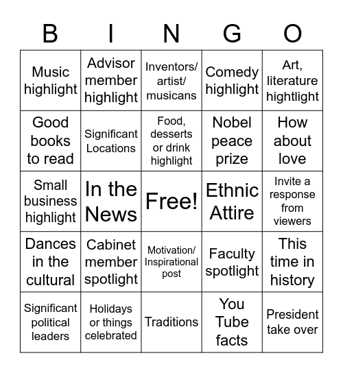 Cultural Highlight Bingo Theme board Bingo Card