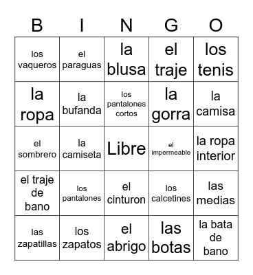 La Ropa Bingo Card