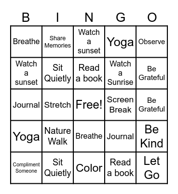 Mindfulness Bingo Card