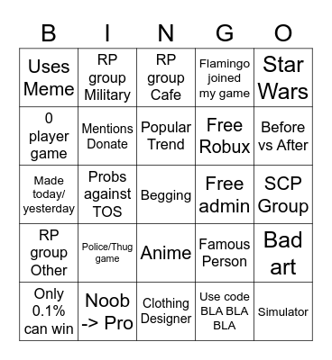 Devoun's Roblox Ad Bingo Card
