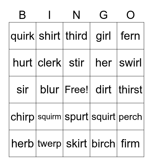 er, ir, ur Bingo Card