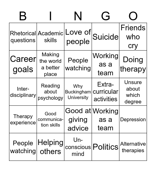 Personal Statement Bingo! Bingo Card
