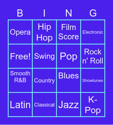 Music Genres Bingo Card