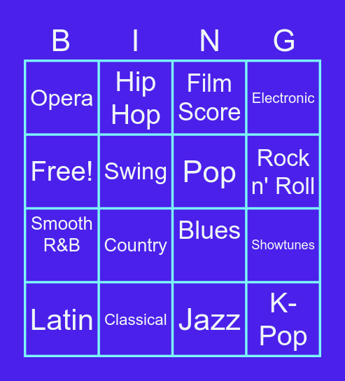 Music Genres Bingo Card