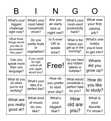 Interpersonal Bingo Card