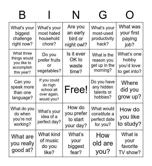 Interpersonal Bingo Card