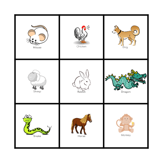 12 Zodiac Animals BINGO Card