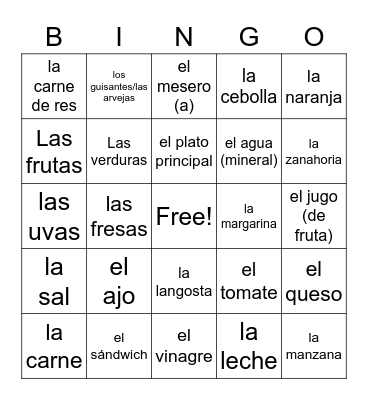 La comida level II Bingo Card