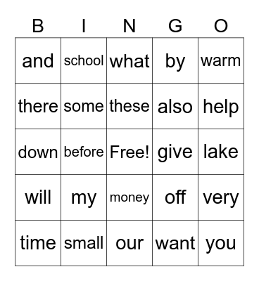 Sight Words Bingo Card