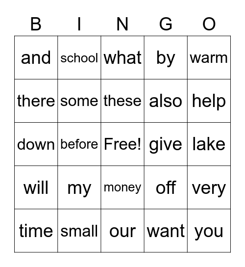 Sight Words Bingo Card