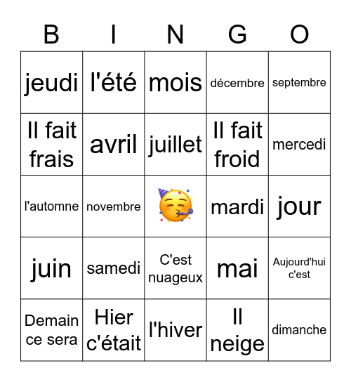 Calendrier et meteo Bingo Card