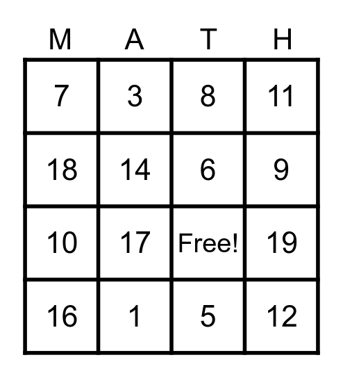 One More - One Less Bingo Card