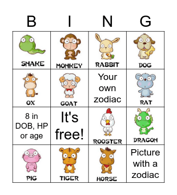 Chinese Zodiac Animals Bingo Card